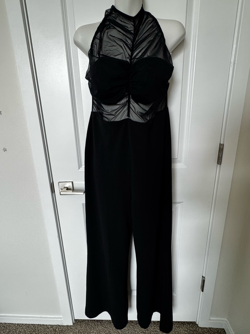 Lulu's Black Halter Sheer-Bodice Wide-Leg Jumpsuit